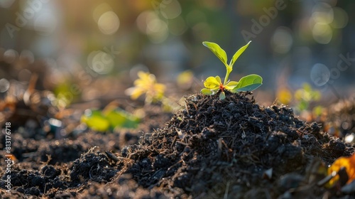 Green Growth Sustainable Sprout Emerging from Compost Heap EcoFriendly Recycling and Organic Gardening Concept
