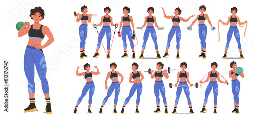 Set Of Young Woman Engaging In Different Fitness Exercises, From Weightlifting To Cardio Workouts. Bodybuilder Female