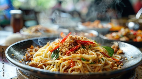 Spicy pasta Pad Kra Pao.Thai fusion food. Generative Ai