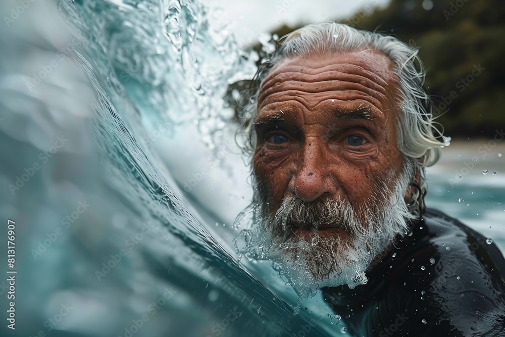 Captivating shot of a senior man with piercing eyes and water swirling around him An impactful image showcasing the raw beauty of age and nature's elements