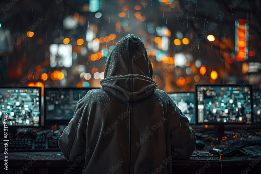 Hooded figure in front of control panels Hooded figure in front of control panels