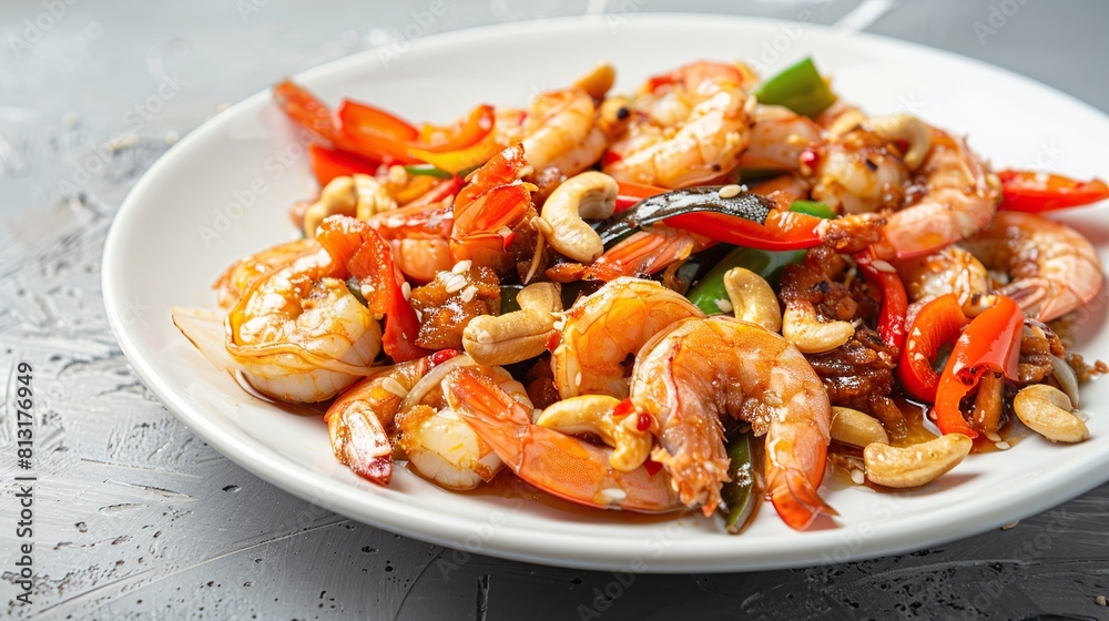 Stir fried crispy shrimp with cashew nuts and sweet pepper in white plate. Generative Ai Stir fried crispy shrimp with cashew nuts and sweet pepper in white plate. Generative Ai
