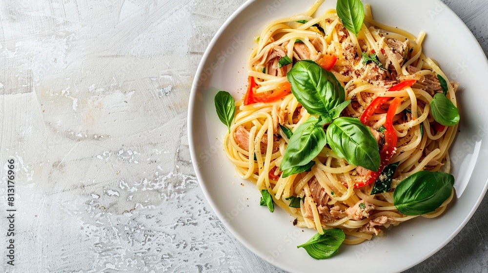 Stir fried trivelle pasta with Canned tuna fish and crispy basil leaves