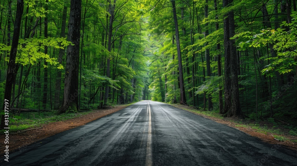 A road with trees on both sides and a clear sky A road with trees on both sides and a clear sky