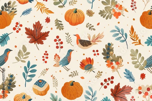 Illustrated background for Happy Thanksgiving Day celebration with festive lettering, autumnal decorations, and joyful illustrations.