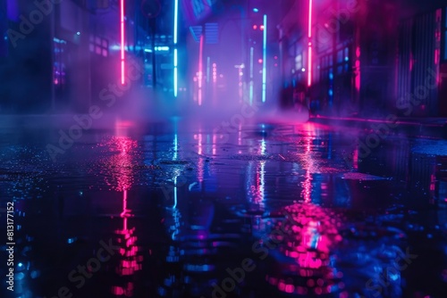 Empty background scene. Dark street reflection on the wet pavement. Rays neon light in the dark, neon figures, smoke. Night view of the street, the city. Abstract dark background - generative ai