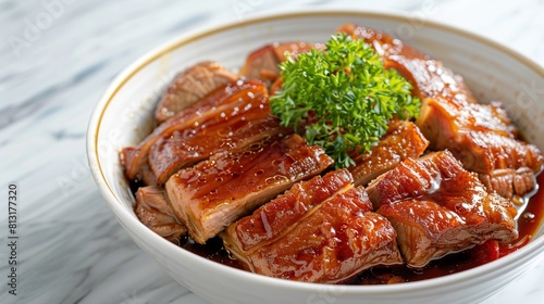 Taiwanese traditional food pork knuckle in a white bowl with golden line. Generative Ai photo