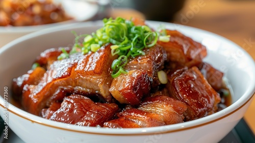 Taiwanese traditional food pork knuckle in a white bowl with golden line. Generative Ai