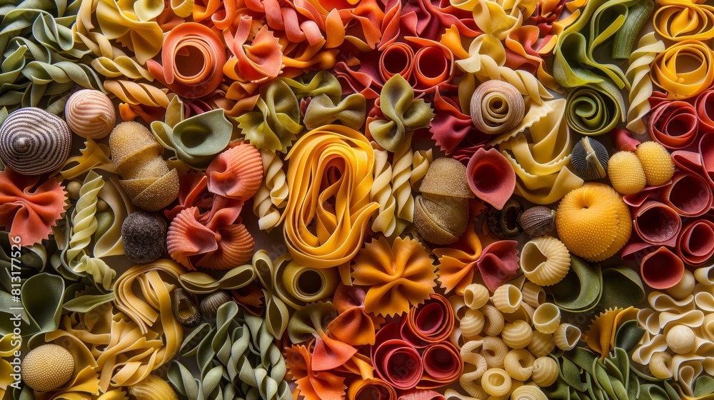 Naklejka premium Vibrant Italian Pasta Medley A Flavorful Feast of Colors and Shapes