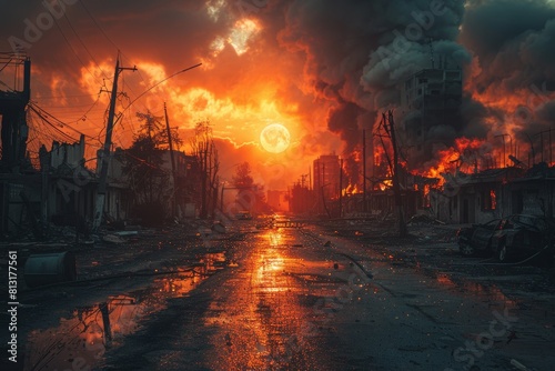 A striking depiction of an urban environment consumed by flames and smoke against a sunset sky photo
