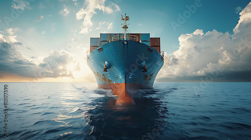 Front view from bow of a large blue shipping container ship in the ocean photo
