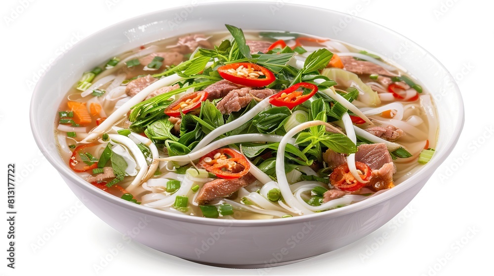 Vietnamese dishes, Pho, a bowl of Pho isolated on white background. Generative Ai