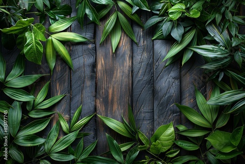 Top view of lush green leaves arranged in an overlapping pattern on a dark wooden background photo