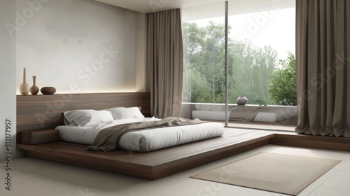 A minimalist bedroom with a platform bed  clean lines  and neutral colors  promoting relaxation and tranquility.