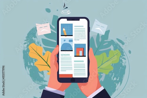 Modernity and media: viewing and reading the latest news and articles in the newspaper's smartphone application. Digital information portals and publications on the Internet photo