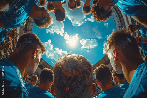 Team of soccer players in a huddle under a sunny sky, showcasing camaraderie and team spirit photo