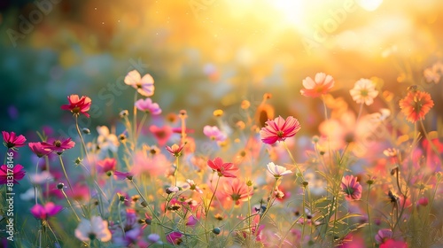 Flower field in sunlight, spring or summer garden background in closeup macro view or flowers meadow field in morning light © Love Muhammad