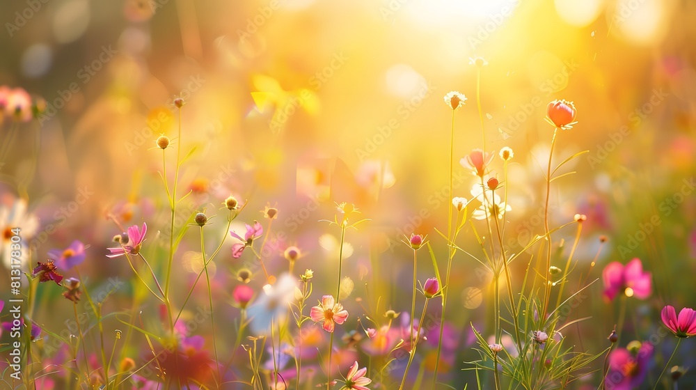 Flower field in sunlight, spring or summer garden background in closeup macro view or flowers meadow field in morning light