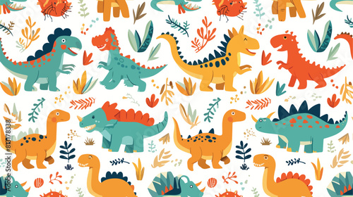Seamless pattern with cute cartoon dinosaurs in fla