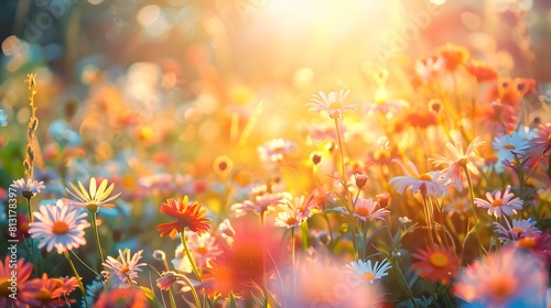 Flower field in sunlight, spring or summer garden background in closeup macro view or flowers meadow field in morning light © Love Muhammad
