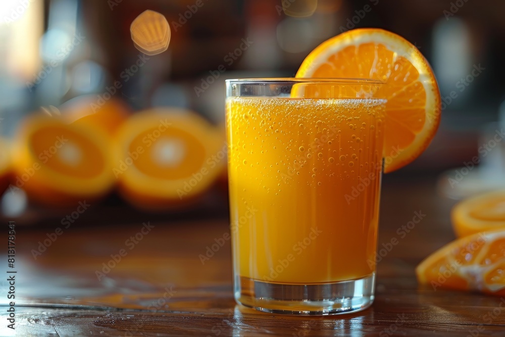 A refreshing glass of vibrant orange juice with a soft background of blurred oranges A refreshing glass of vibrant orange juice with a soft background of blurred oranges