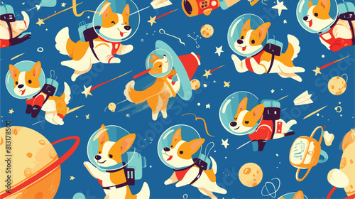 Seamless pattern with Welsh Corgi dogs flying in op