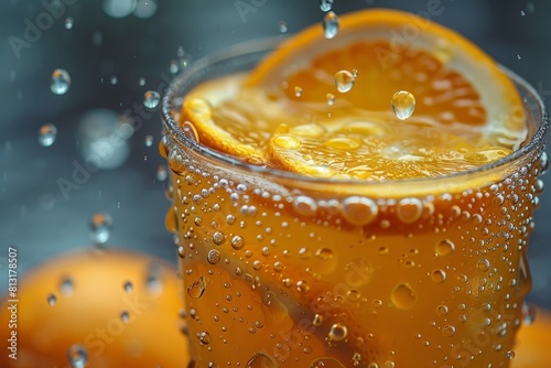 A high-speed capture of water droplets on a slice of orange placed above a glass of juice