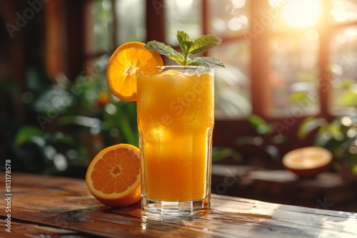 A vibrant photo of a cold orange cocktail with fresh mint, ice and a slice of orange on a wooden table with warm lighting