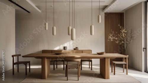 A minimalist dining room with a simple wooden table  modern chairs  and pendant lighting  perfect for stylish yet intimate gatherings.