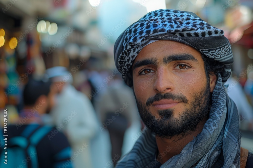A man wearing a traditional headscarf looks calmly at the camera with a marketplace background A man wearing a traditional headscarf looks calmly at the camera with a marketplace background