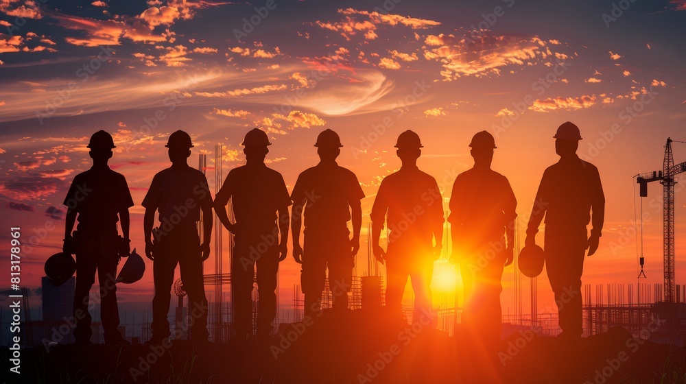 Dawn of Progress Silhouetted Construction Crew Embracing Safety and Innovation at Sunrise Dawn of Progress Silhouetted Construction Crew Embracing Safety and Innovation at Sunrise