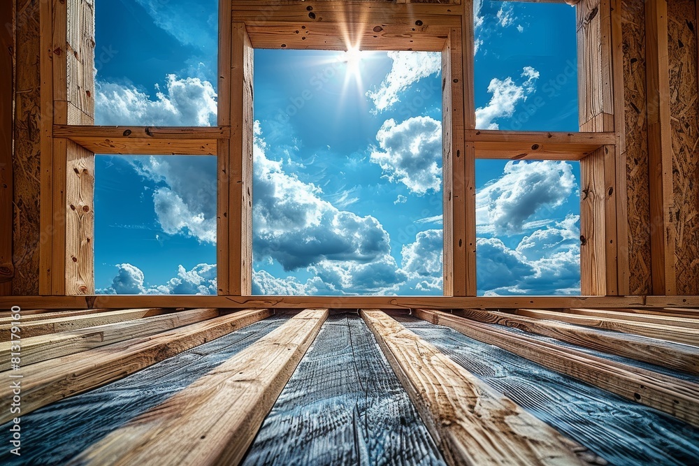 View from within a wooden structure to a bright sunny sky with clouds, evoking a sense of new beginnings View from within a wooden structure to a bright sunny sky with clouds, evoking a sense of new beginnings