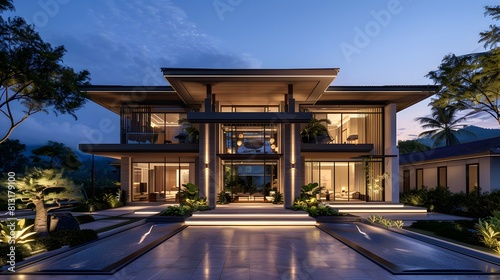 Front view of a modern asian style villa with beautiful symmetry and light in the evening photo