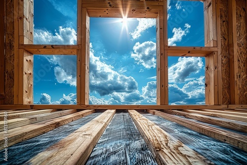 View from within a wooden structure to a bright sunny sky with clouds  evoking a sense of new beginnings