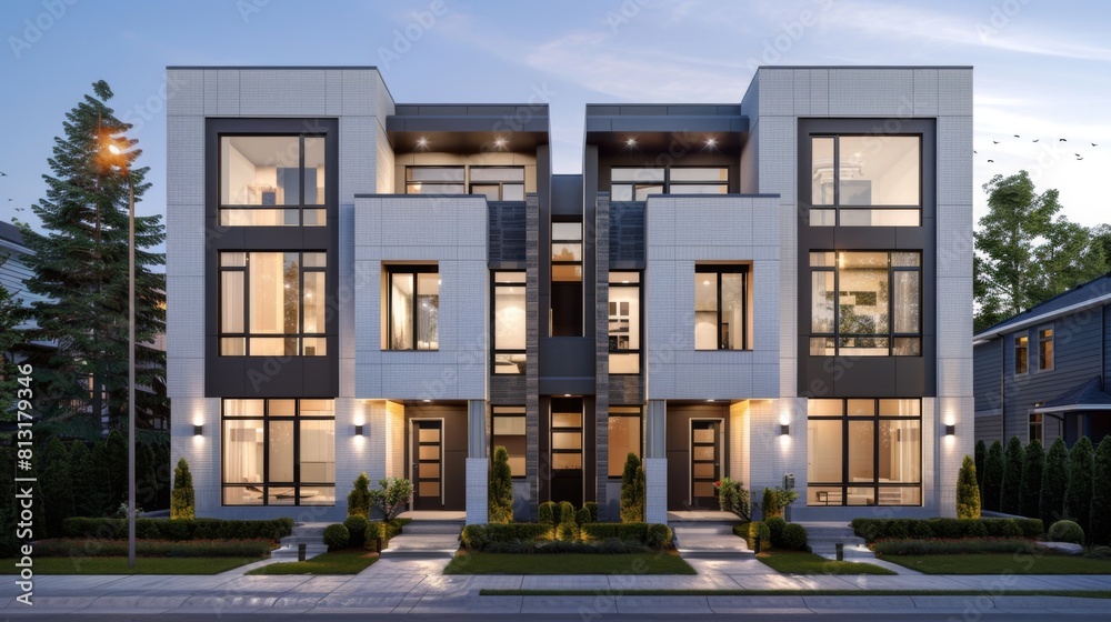 A minimalist exterior facade of a contemporary townhouse with clean lines, neutral colors, and geometric shapes, epitomizing modern urban living. A minimalist exterior facade of a contemporary townhouse with clean lines, neutral colors, and geometric shapes, epitomizing modern urban living.