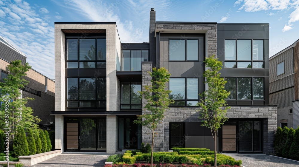 Fototapeta premium A minimalist exterior facade of a contemporary townhouse with clean lines, neutral colors, and geometric shapes, epitomizing modern urban living.