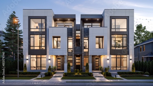 A minimalist exterior facade of a contemporary townhouse with clean lines, neutral colors, and geometric shapes, epitomizing modern urban living. © Plaifah