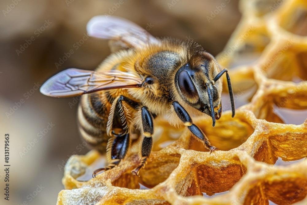 A bee is sitting on a honeycomb A bee is sitting on a honeycomb