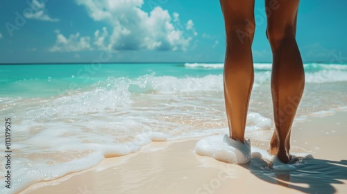 Beautiful Asian woman apply sun protection cream on tanned on leg at tropical beach with white sand, Sun Cream Skincare, Close up female in bikini using sunscreen lotion on back body before sunbathing