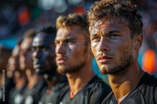 Intense focus is captured on the faces of football players awaiting their turn on the field