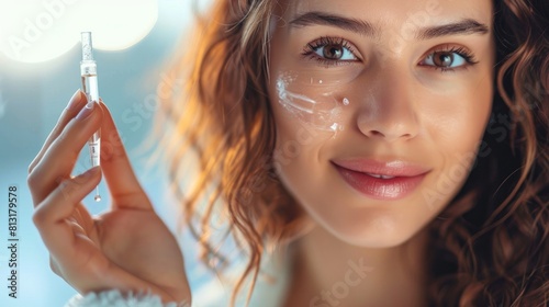 Beautiful woman holding a pipette in her hand with serum moisturizing anti aging antioxidant. Focus on hand
