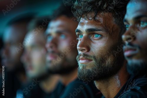 Football player with a contemplative expression, gazing at the ongoing game on the field