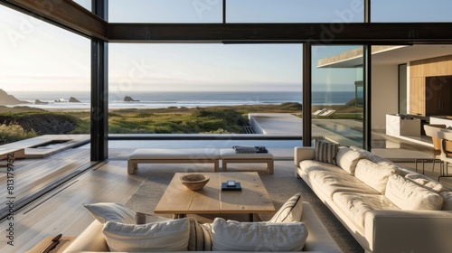 A minimalist-style beach house with floor-to-ceiling windows, natural materials, and minimalist decor, blurring the lines between indoor and outdoor living. © Plaifah