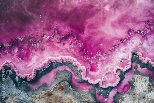 A pink and purple rock formation with a blue and gray base. The pink and purple colors create a striking contrast against the gray and blue background