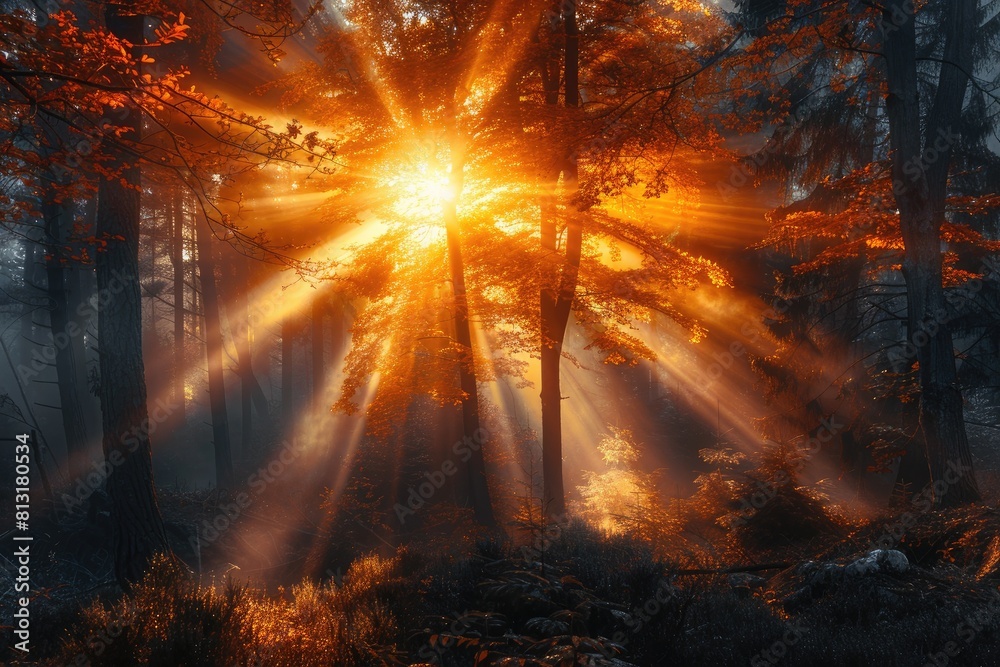 A tree is in the foreground of a forest, with the sun shining through the leaves and casting a warm glow on the ground