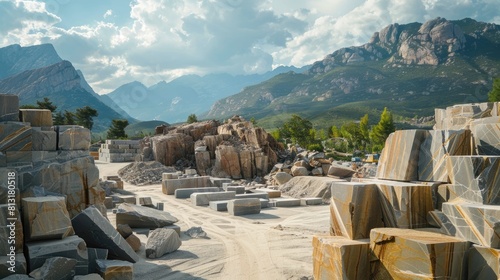 A mountain range with a large pile of rocks in the foreground. The rocks are of various sizes and are scattered throughout the area. The scene has a rugged and wild feel to it photo