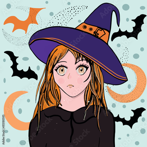 Anime girl Halloween with moon and bats illustration