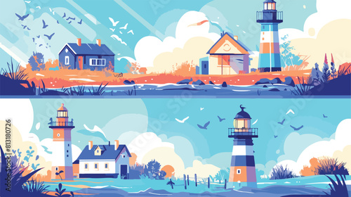 Set of cards or posters with sea lighthouse or beac photo