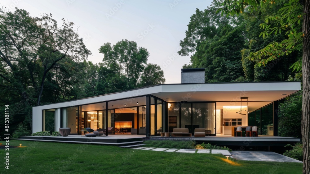 A minimalist-style house with clean lines and large windows, nestled amidst serene natural surroundings.