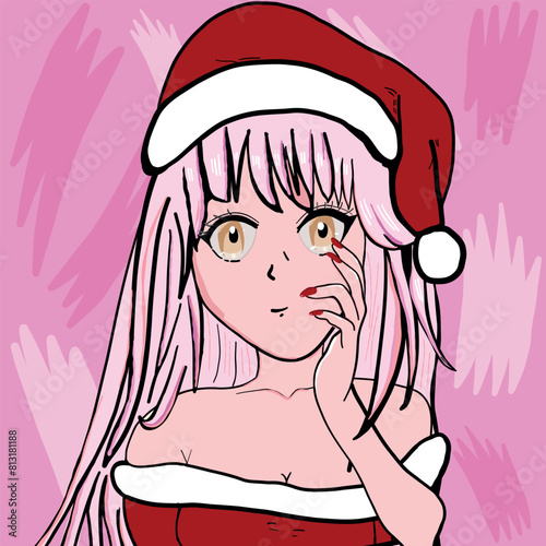 Anime pink hair and pink background. Christmas party design illustration
